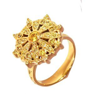 Gold Plated Ring- Floral Design Wedding Band with Yellow Sapphire Cubic Zirconia